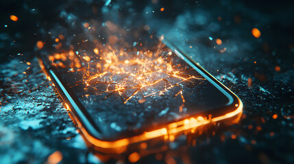 Digital Fragmentation: The image showcases a close-up view of a modern smartphone with a shattered screen, emitting sparks, symbolizing digital disruption and technological instability.