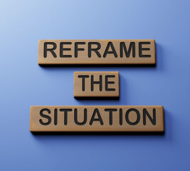 3d rendering of wooden block with word text reframe the situation