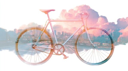 Pink bicycle overlaying cityscape with dramatic clouds at sunset
