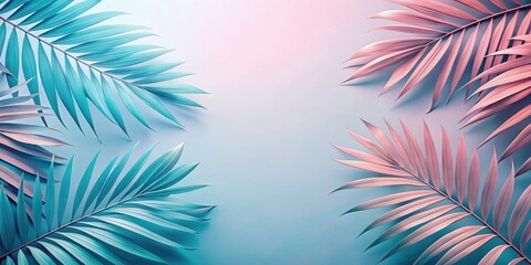 Pastel Palm Fronds Arranged on a Smooth Surface with a Central Empty Space Ideal for Text or Design Elements