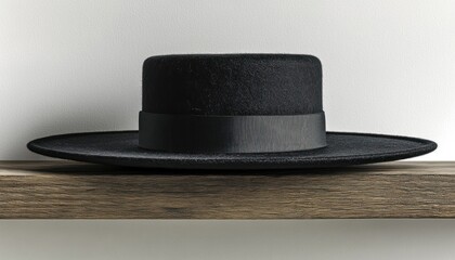 Black Fedora Hat on Wooden Shelf