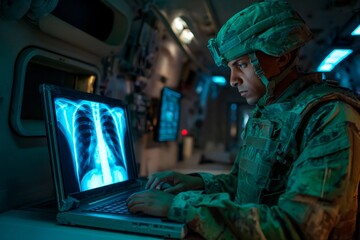 A soldier in camouflage uniform closely examines a chest X-ray on a laptop in a dimly lit field hospital. The setting is busy and focused on medical assessments