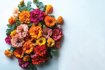 Fototapeta premium Vibrant dahlia blooms and eucalyptus foliage are arranged beautifully over a serene white backdrop
