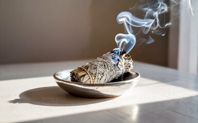 Burning White Sage Smudge Stick with Smoke - obrazy, fototapety, plakaty