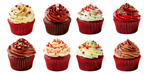 Colorful Cupcakes with Various Frosting and Decorations Displayed, Isolated on Transparent, white background