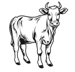 Detailed black and white vector illustration of a cow in vintage hand-drawn style. Perfect for farm, dairy, and agricultural designs.