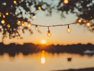 String lights glow at sunset over calm water creating a warm and inviting atmosphere for outdoor gatherings and celebrations