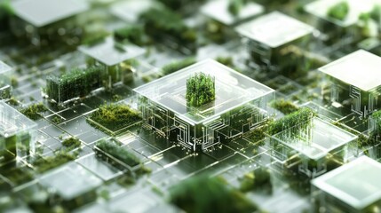 Quantum City Grid features a futuristic urban design where microchips create a complex, multi-dimensional cityscape.