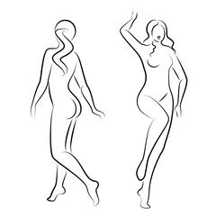 Collection. Silhouette of a cute lady, she is standing. The girl has a beautiful naked figure. The woman is a young sexy and slim model. Vector illustration set