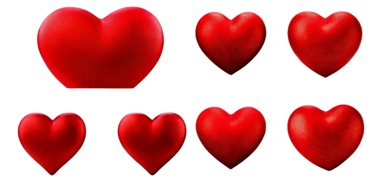 Collection of Red Hearts in Various Sizes and Patterns for Design Use, Isolated on Transparent, white background