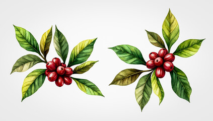 Delicate botanical scene of red coffee fruit and layered green foliage in expressive watercolor style