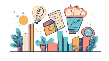 Quirky hand-drawn doodles representing business metrics, team collaboration, and planning ideas.