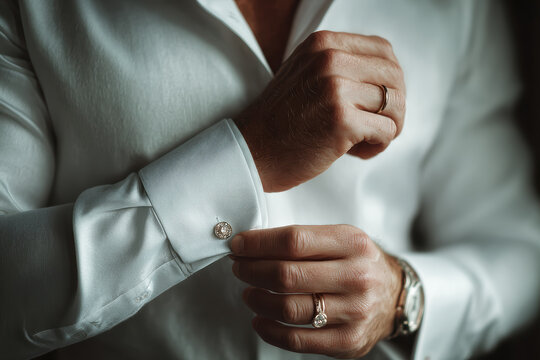Groom adjusting his cufflinks on a crisp white shirt, preparing for his special day, capturing the classy and refined touch of wedding attire