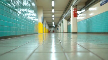 Fototapeta premium Empty tiled corridor interior with teal and yellow colors smooth surfaces