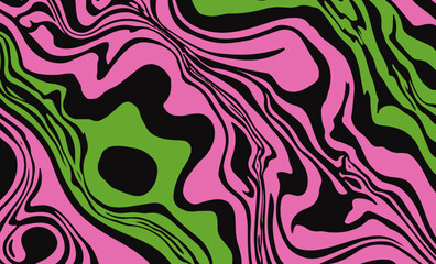 Vector illustration features an abstract pattern with flowing, wavy shapes in neon pink, green, and black. The bold, modern design adds a dynamic and playful touch to backgrounds or creative projects.