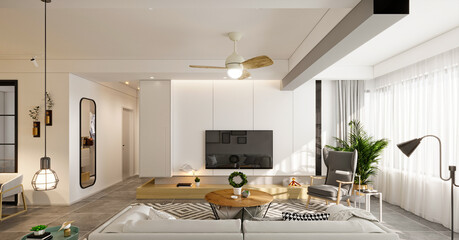 luxury home interior living room, dining room. 3d render.