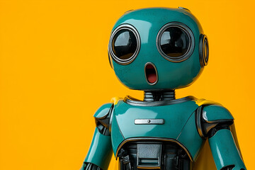 A teal retro robot with large eyes and an open mouth, wearing a yellow cape, against a vibrant yellow background.  It has a surprised expression