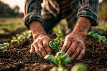 A dedicated gardener tends to young green plants in rich soil, working diligently under the warm light of a sunny afternoon. The gardener’s hands, weathered and skilled, show deep care for the plants