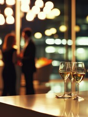 Three champagne flutes on bar at stylish event with couple talking in background bokeh lights night time celebration