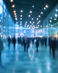 Blurred crowd of business people walking in modern blue toned building with lights on ceiling, abstract view