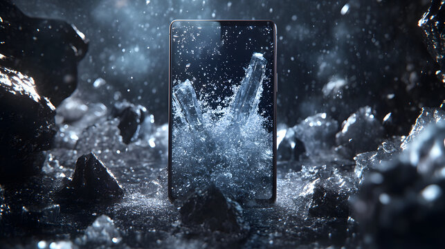 Phone Water Splash: An aesthetically striking visual, capturing the essence of a high-tech phone enduring a splash of water amidst shattered ice.