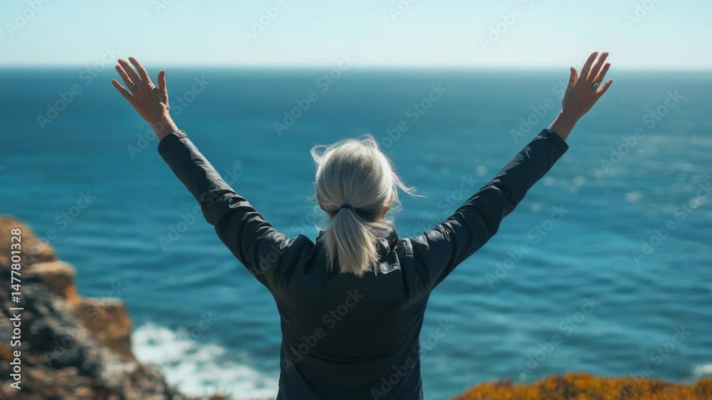 Poster A person standing at the edge of a cliff looking out at the vast ocean