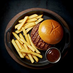 Tasty hamburger with french fries on wooden table