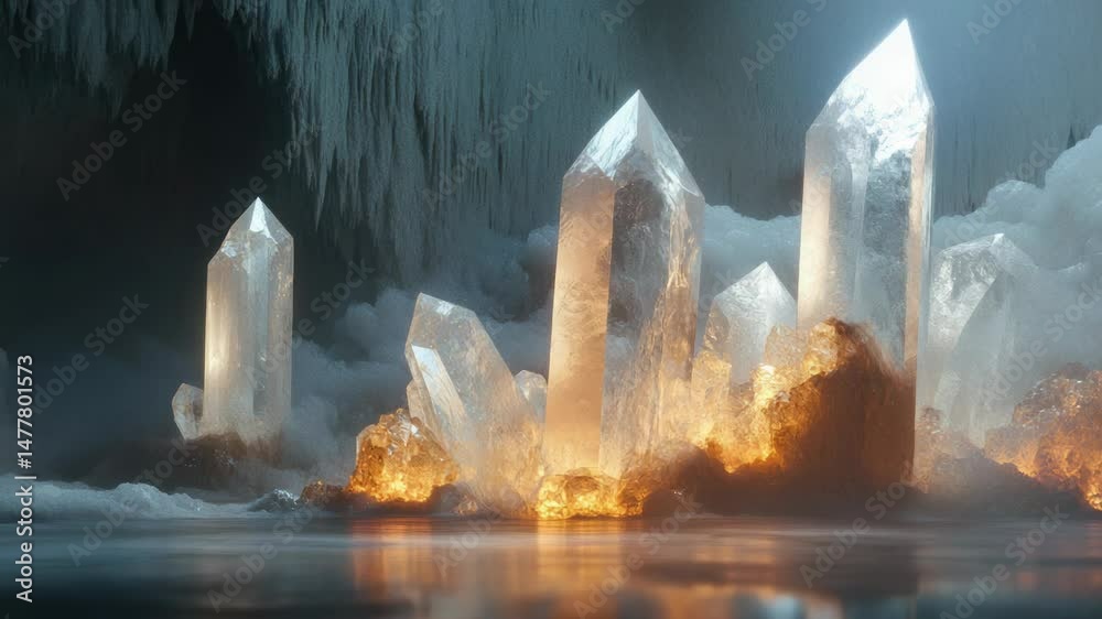 Aufkleber a group of large crystals sitting on the surface of calm water, perfect for use in travel or science