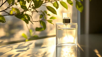 Clear Glass Perfume Bottle in Sunlight with Green Leaves