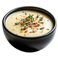 Creamy soup with bacon and thyme isolated on white background