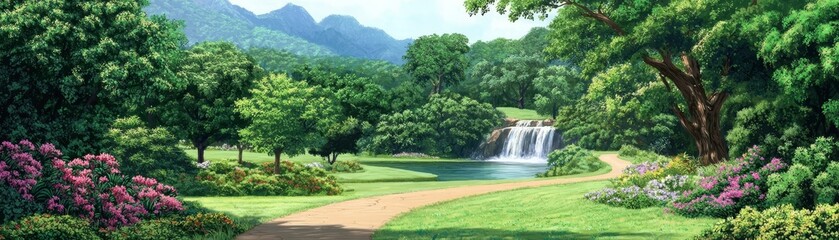 Tranquil natural landscape with winding road and waterfall rural serenity outdoor photography scenic view gigapixel quality