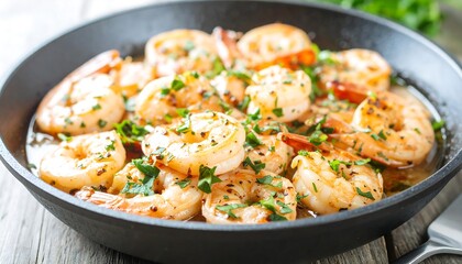 Delicious Garlic Shrimp Sizzling in a Pan Ready to Eat A Close Up Food