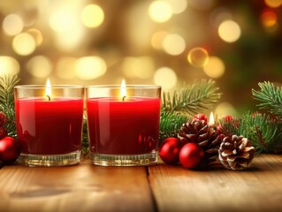 Christmas Still Life featuring Two Red Candles on Wood Table with Pinecones and Greenery in Soft Focus