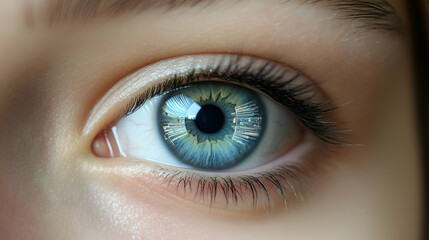 Close-Up of a Blue Human Eye with Green Iris and Long Eyelashes