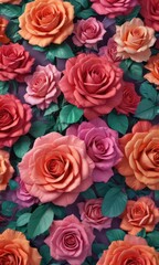 Multi-sized paper roses, vibrant gradient, floral pattern,  purple,  design