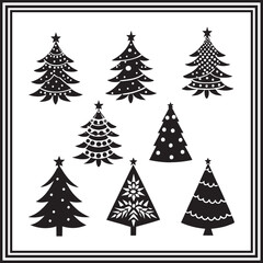 Decorative winter tree silhouette set – festive black icon collection with dotted, floral, and patterned designs