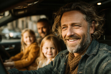 Obraz premium Father driving a new car with his family on a road trip, enjoying a test drive in the city, parents and daughters traveling together in their automobile