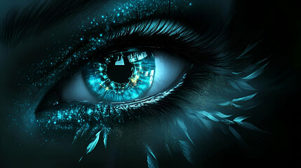 Fototapeta premium Close-up of a Glowing Blue Eye with Glitter and Intricate Details