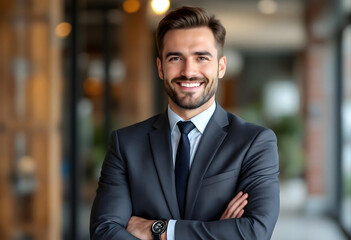 Young photogenic real estate businessman in suit smiling confidently during successful property sales consultation