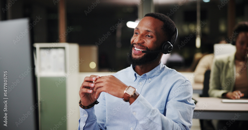 Poster computer, man or laughing for customer service help, sales consulting or loan advice in night. call 