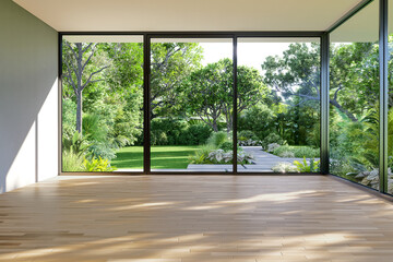 Modern contemporary style empty room with tropical green garden background 3d render