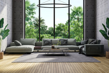 Modern contemporary loft style living room with tropical green garden background 3d render