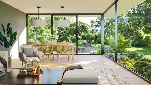Animation of modern style living and dining room with large window overlooking tropical green nature garden background 3d render
