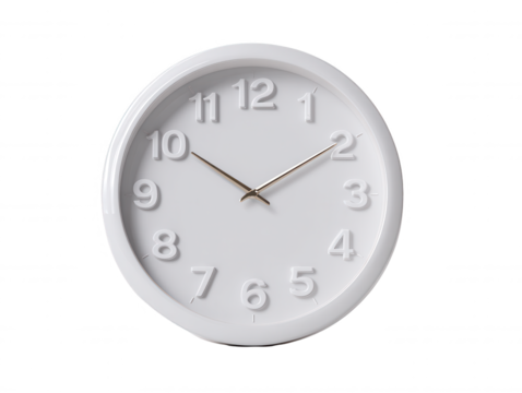 Modern white wall clock, minimalist design, for home or office decor, isolated on white, time concept, clean design