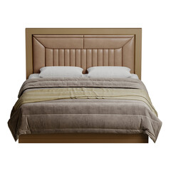 A bed with a brown headboard and a tan comforter