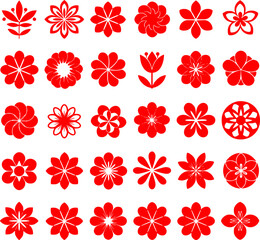 30 Red Flower Icons Floral Symbols Vector Graphics Design Elements