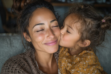 A young daughter lovingly kissing her mother on the cheek while sitting together on the sofa at home, highlighting family affection and care