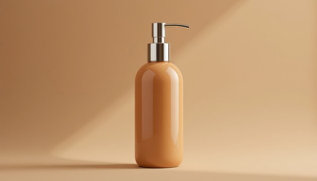 Elegant Caramel-Colored Bottle with Chrome Pump  Modern Minimalist Product Design