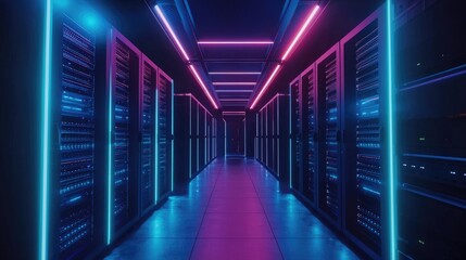 Fototapeta premium Neon-lit server room interior in vibrant magenta and blue hues, great for representing futuristic cloud systems, advanced tech solutions, or digital network services