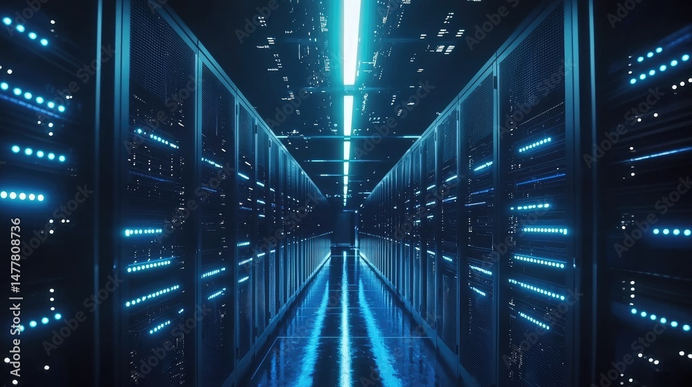 Poster futuristic data corridor with blue server lights, perfect for representing hybrid cloud solutions, a